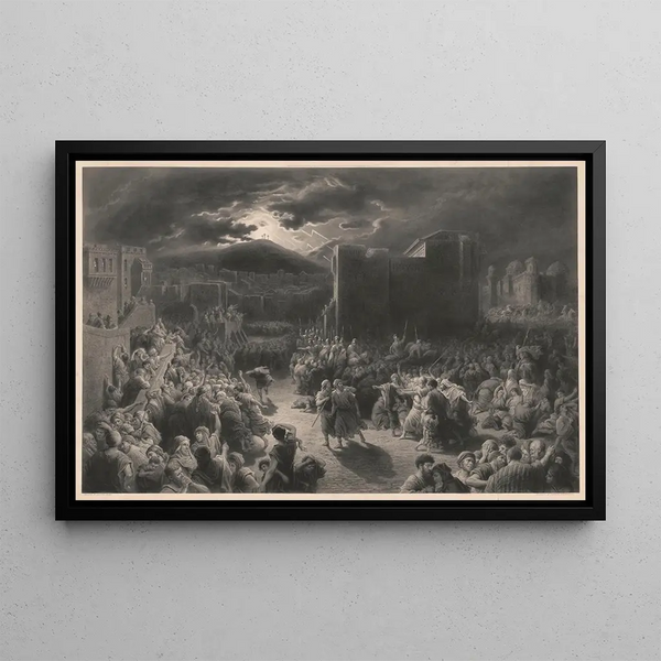 Gustave Dor - Crucifixion scene in stormy dark town with crowds and Roman soldiers surrounding two men.webp
