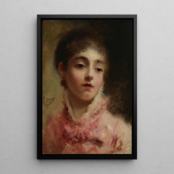 Młoda kobieta w różowej sukni - Gustave Jean Jacquet — oprawiony obraz na ścianie