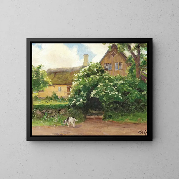 Sureau en fleurs et chien à l'entrée d'une ferme dans le village - Hans Andersen Brendekilde — oprawiony obraz na ścianie