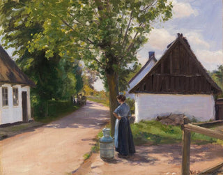 Rue de village danoise avec paysanne et laitier - Hans Andersen Brendekilde — widok dzieła