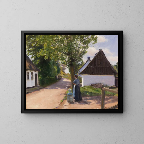 Rue de village danoise avec paysanne et laitier - Hans Andersen Brendekilde — oprawiony obraz na ścianie