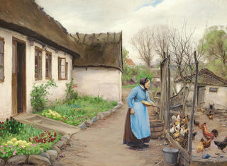 Hans Andersen Brendekilde - Kone der fodrer hns foran et hvidkalket bondehus en efterrsdag.webp