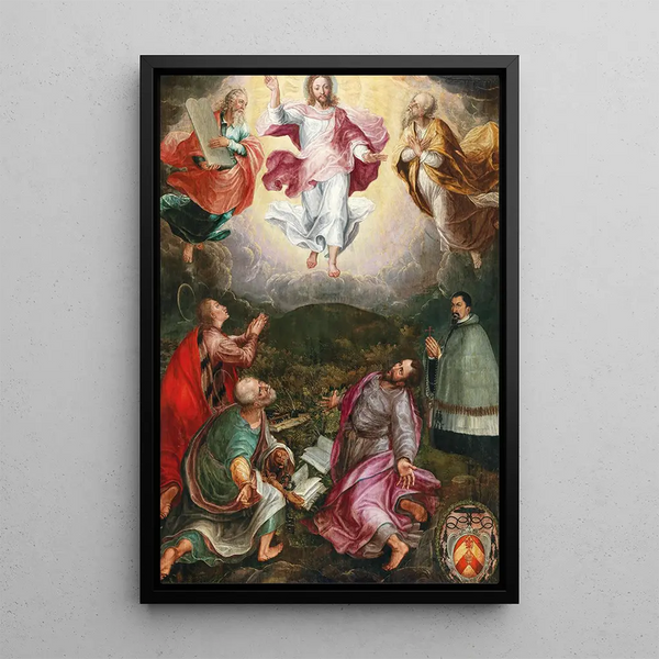 Transfiguracji Chrystusa na Górze Tabor z prorokami Eliaszem i Mojżeszem, świętymi Janem, Piotrem i Jakubem oraz fundatorem Jakubem Rasslerem - Hans Caspar Memberger — oprawiony obraz na ścianie
