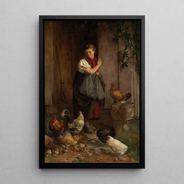 Karmienie kur - Hans Thoma — oprawiony obraz na ścianie