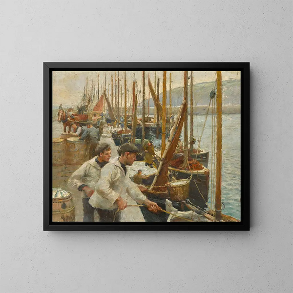Łodzie rybackie w Newlyn - Harold Harvey — oprawiony obraz na ścianie