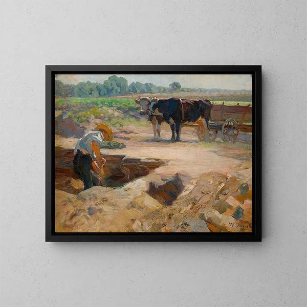 Un tourneur de tourbe avec une équipe de bœufs - Heinrich von Zügel — oprawiony obraz na ścianie