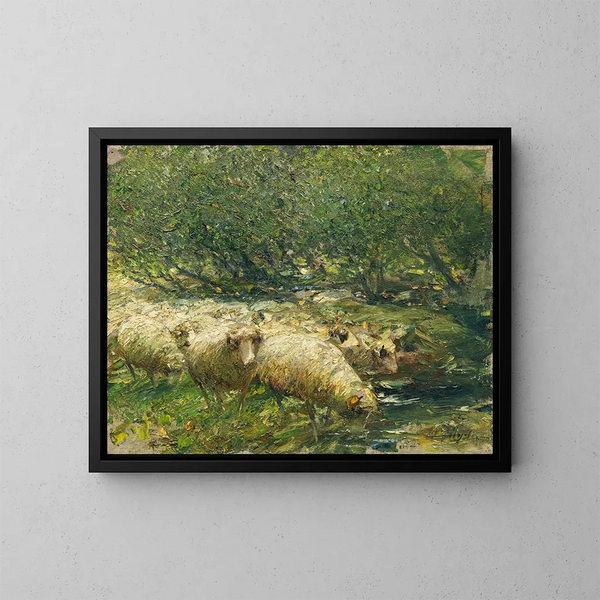 Bergère avec un troupeau de moutons au bord d'un ruisseau sous l'ombre des arbres - Heinrich von Zügel — oprawiony obraz na ścianie