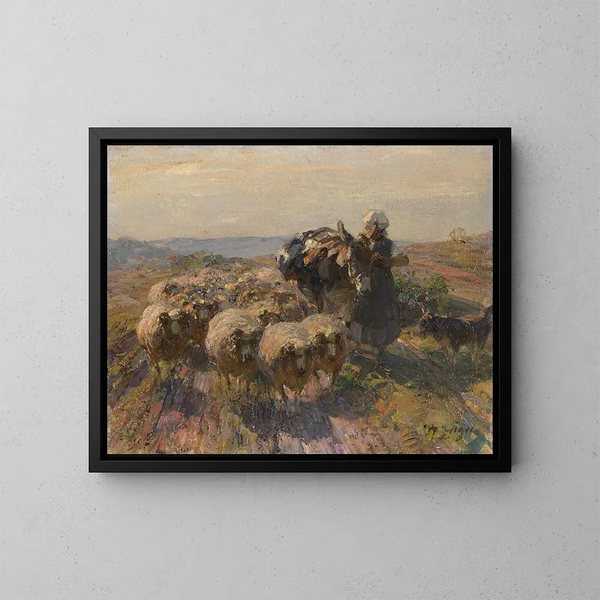Troupeau de moutons avec bergère et âne dans le champ - Heinrich von Zügel — oprawiony obraz na ścianie