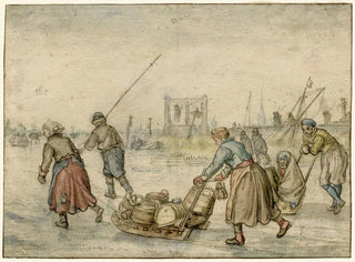 pejzażu zimowego z dwiema kobietami, sanki i innymi postaciami na lodzie, szubienica w oddali - Hendrick Avercamp — widok dzieła
