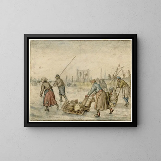 pejzażu zimowego z dwiema kobietami, sanki i innymi postaciami na lodzie, szubienica w oddali - Hendrick Avercamp — oprawiony obraz na ścianie