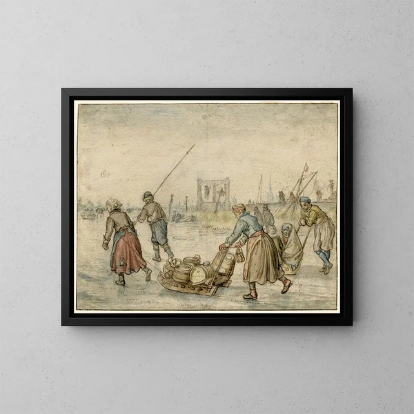 pejzażu zimowego z dwiema kobietami, sanki i innymi postaciami na lodzie, szubienica w oddali - Hendrick Avercamp — oprawiony obraz na ścianie