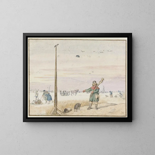 zimowego krajobrazu z myśliwym na kaczki, z ptactwem na pasie i jego karabinem na ramieniu, nad zamarzniętą rzeką - Hendrick Avercamp — oprawiony obraz na ścianie