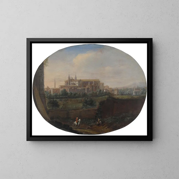 Widok na Rzym z ogrodu, patrząc na południe w kierunku San Giovanni in Laterano, widok od tyłu - Hendrick Frans van Lint — oprawiony obraz na ścianie