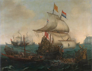 Holenderskie statki uderzające w hiszpańskie galeony u wybrzeży Anglii, 3 października 1602 - Hendrik Cornelisz Vroom — widok dzieła