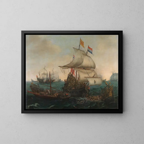 Holenderskie statki uderzające w hiszpańskie galeony u wybrzeży Anglii, 3 października 1602 - Hendrik Cornelisz Vroom — oprawiony obraz na ścianie