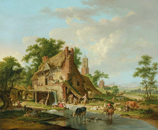 Hendrik Meijer - A watermill with farmyard animals and peasants a landscape beyond.webp