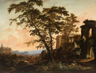 Hendrik van Minderhout - An extensive Rhenish landscape with peasants and animals resting in the shade of Romanesque ruins.webp