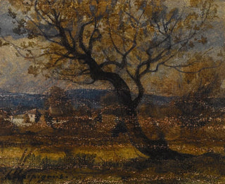 Studium krzewu na tle kilku chałup - Henri-Joseph Harpignies — widok dzieła