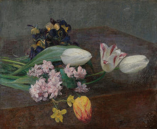 Jacinthes, tulipany i fiołki położone na stole - Henri Fantin-Latour — widok dzieła