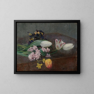 Jacinthes, tulipany i fiołki położone na stole - Henri Fantin-Latour — oprawiony obraz na ścianie