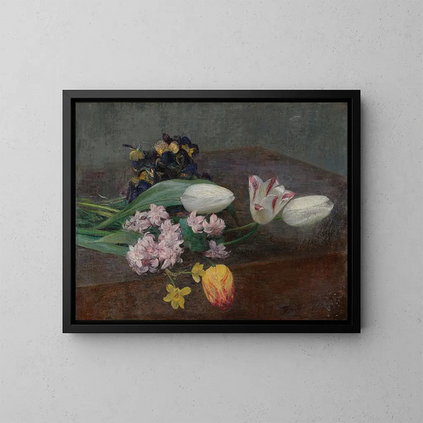 Jacinthes, tulipany i fiołki położone na stole - Henri Fantin-Latour — oprawiony obraz na ścianie