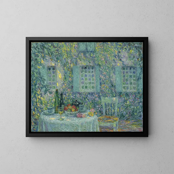 La Table au soleil dans les feuilles de Gerberoy - Henri Le Sidaner — oprawiony obraz na ścianie