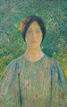 Młoda kobieta w kwiecistej sukni - Henri Martin — widok dzieła