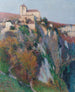 L'église Saint-Cirq-Lapopie perched on the cliff of the Lot loop under a blue sky - Henri Martin — widok dzieła