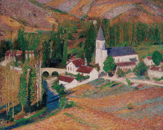Kościół w Labastide-du-Vert z mostem i rzeką pewnego jesiennego wieczoru - Henri Martin — widok dzieła