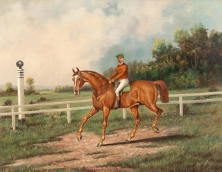 Henry Herman Cross - Chestnut Racehorse with Jockey Up on a Training Track with a Wooded Landscape Beyond.webp