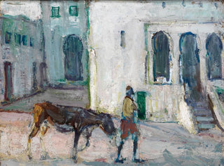 Scena uliczna w Tangerze, mężczyzna prowadzący cielę - Henry Ossawa Tanner — widok dzieła
