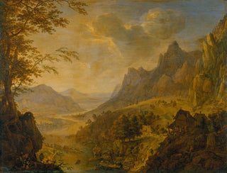 Herman Saftleven III - Mountainous Landscape with a River in the Foreground a Village with Several Boats Moored at the Bank.webp