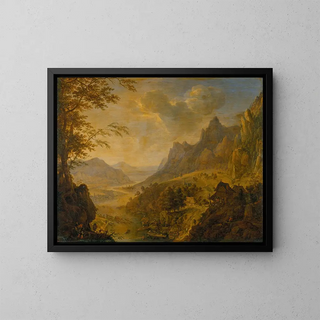 Herman Saftleven III - Mountainous Landscape with a River in the Foreground a Village with Several Boats Moored at the Bank.webp
