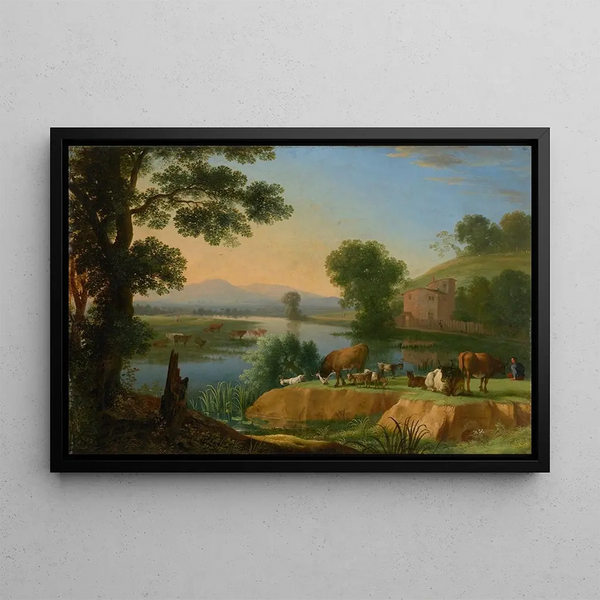 Herman van Swanevelt - A river landscape with goats and cattle a farmhouse beyond.webp