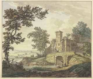 Blisko mostu i kilku budynków w wodzie, pięcioro dzieci kąpiących się - Hermanus Numan — widok dzieła