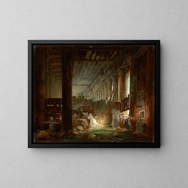 Mnich modlący się w ruinach rzymskiego świątyni - Hubert Robert — oprawiony obraz na ścianie