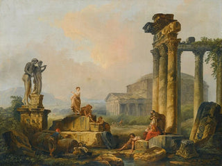 Hubert Robert - A Landscape With Shepherds And Shepherdesses Among Ancient Ruins With The Statue Of Castor And Pollux And The Pantheon Beyond.webp