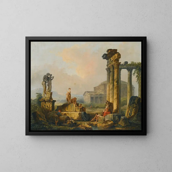 pejzażu z pasterzami i pasterkami wśród starożytnych ruin z posągami Kastora i Polluksa oraz Panteonem w oddali - Hubert Robert — oprawiony obraz na ścianie