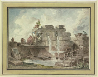 Romantyczna fontanna z kobietą zbierającą wodę - Hubert Robert — widok dzieła