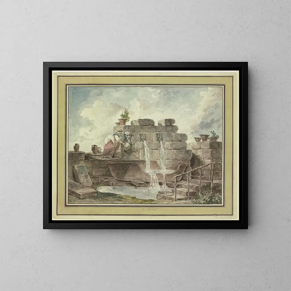 Romantyczna fontanna z kobietą zbierającą wodę - Hubert Robert — oprawiony obraz na ścianie
