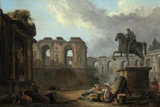 Hubert Robert - A Roman capriccio with washerwomen by the Statue of Marcus Aurelius.webp