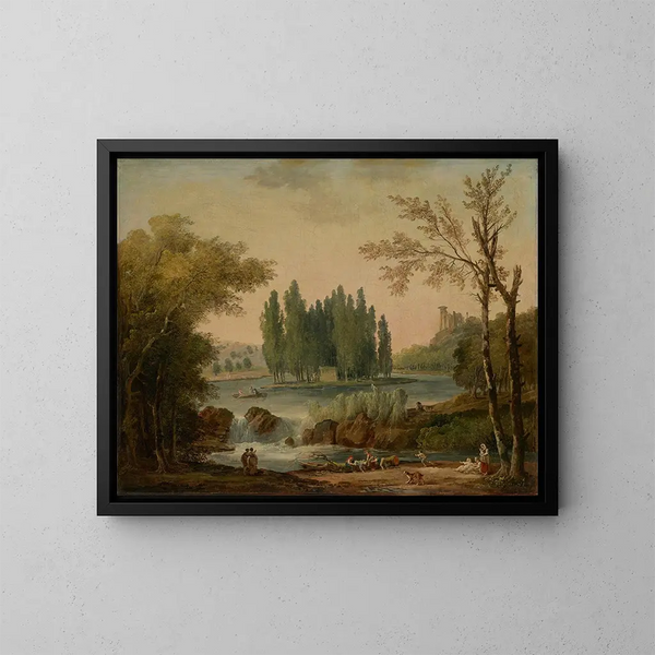 Widok na park Ermenonville z grobem Jean-Jacques Rousseau i Świątynią Filozofii - Hubert Robert — oprawiony obraz na ścianie