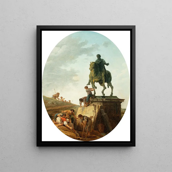 ożywiony pejzaż z posągiem Marka Aureliusza - Hubert Robert — oprawiony obraz na ścianie
