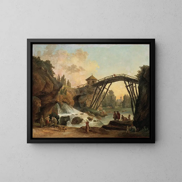 Rysownik rysujący most z drewna w parku Mrville - Hubert Robert — oprawiony obraz na ścianie