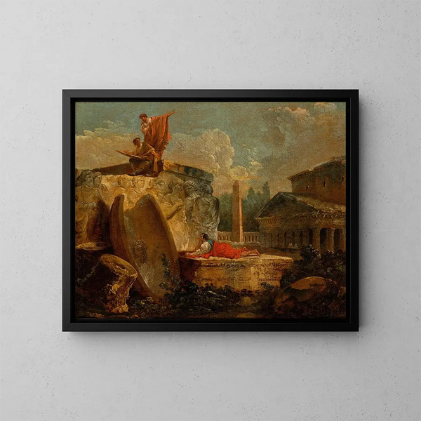 Rysownicy na pejzażu z antycznymi ruinami - Hubert Robert — oprawiony obraz na ścianie