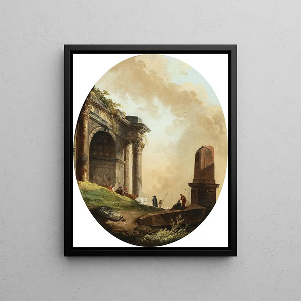pasterzy i ich bydła przed arkadą i ruiną obelisku - Hubert Robert — oprawiony obraz na ścianie