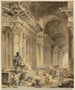 Galeria z łukowatymi kolumnami i siedzącą starożytną statuą - Hubert Robert — widok dzieła