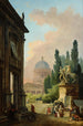 Wyobrażeniowy widok Rzymu z treserem koni z Monte Cavallo i kościołem - Hubert Robert — widok dzieła