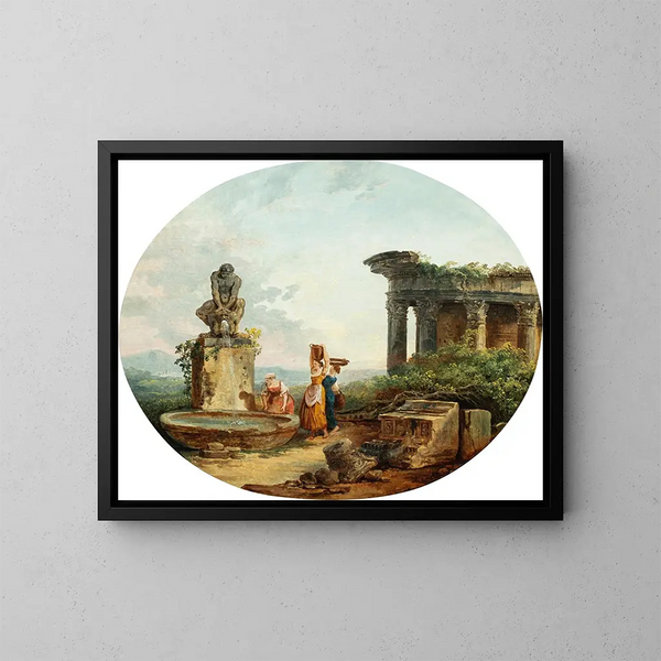pejzaż z myjącymi się kobietami przy fontannie - Hubert Robert — oprawiony obraz na ścianie