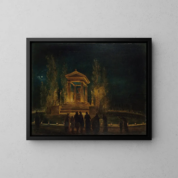 Le tymczasowy mauzoleum Jean-Jacques Rousseau na basenie Tuileries przed translacją jego prochów do Panteonu, noc z 10 na 11 października 1794 - Hubert Robert — oprawiony obraz na ścianie